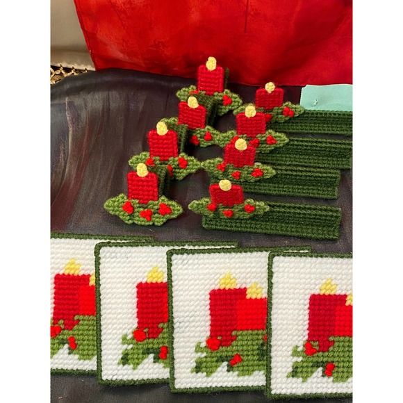 Vintage, Handmade, 12 piece 4 place setting Hostess Needlepoint plastic canvas. - Picture 4 of 10